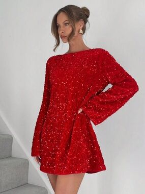 Siren Gaze Women's Sequin Embellished Loose Fit Boat Neck Long Sleeve Mini Dress